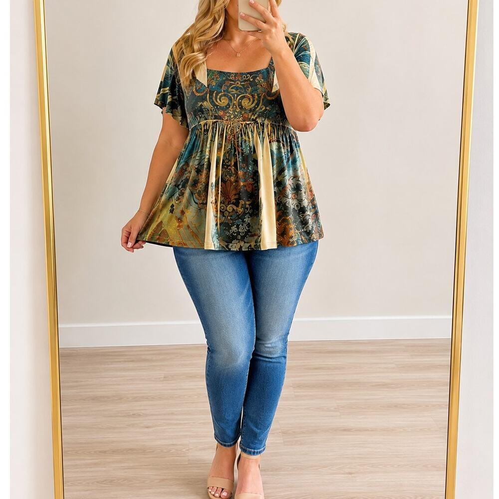 B.L.E.U. 🌿Womens Large Boho Abstract Print Empire Waist Tunic Top USA